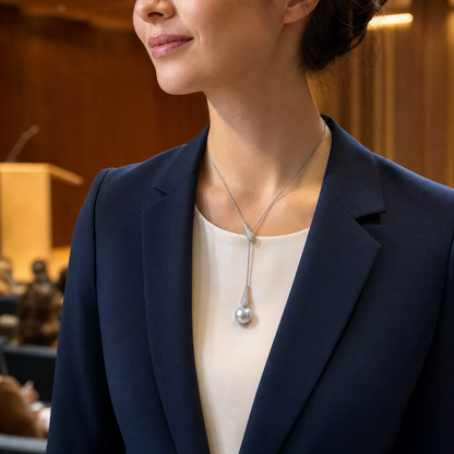 Mermaid Australian White South Sea pearl pendant worn before a cultural forum talk