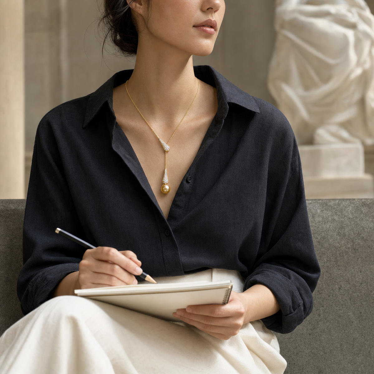 VARI Mermaid Freshwater Pearl Pendant worn while sketching in a museum