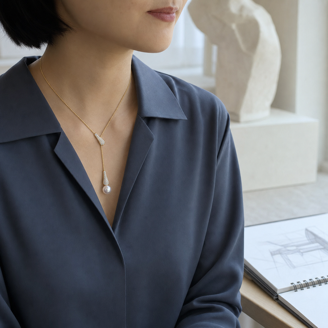 Mermaid Japanese Akoya pearl pendant worn in a museum study gallery