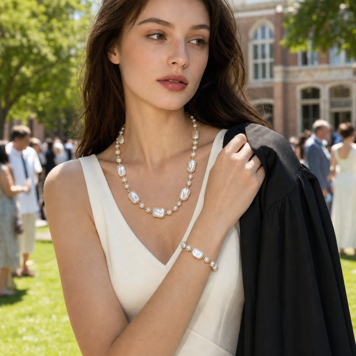 VARI Mosaic Mixed-Size White Baroque Freshwater Pearl Necklace & Bracelet Set styled lifestyle wearing view