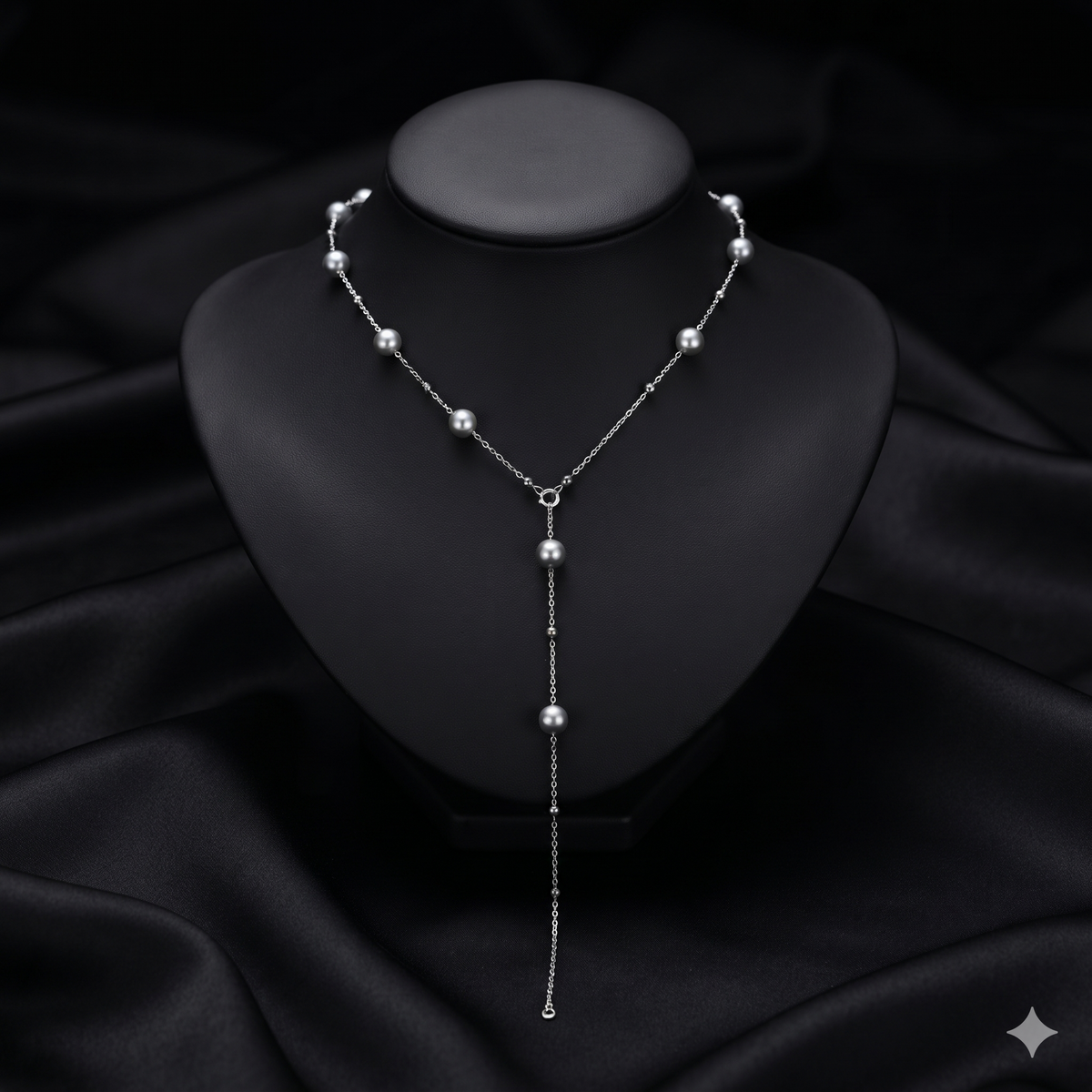 VARI Nocturne gray freshwater pearl necklace styled as a lariat