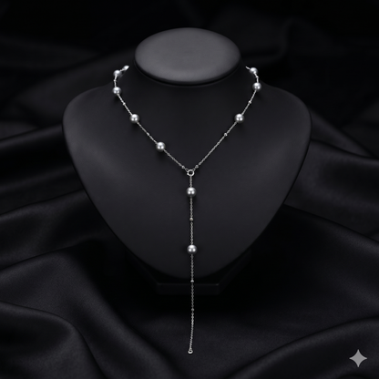 VARI Nocturne gray freshwater pearl necklace styled as a lariat