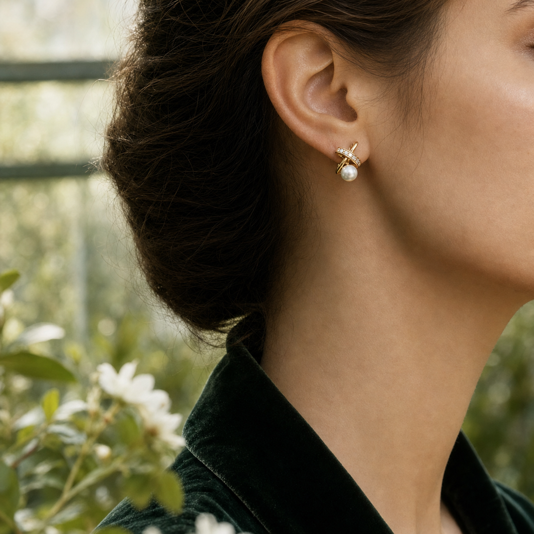 Ophelia Knot 5-6mm white Japanese Akoya pearl earrings on model