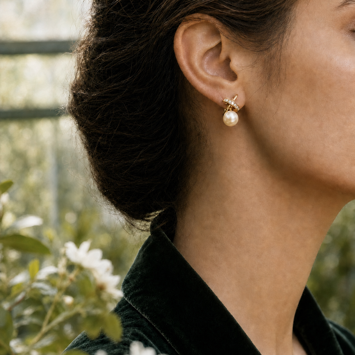 Ophelia Knot 7-8mm ivory Japanese Akoya pearl earrings on model