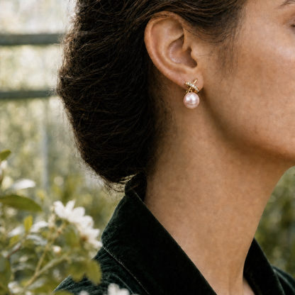 Ophelia Knot 9-10mm rose Japanese Akoya pearl earrings on model