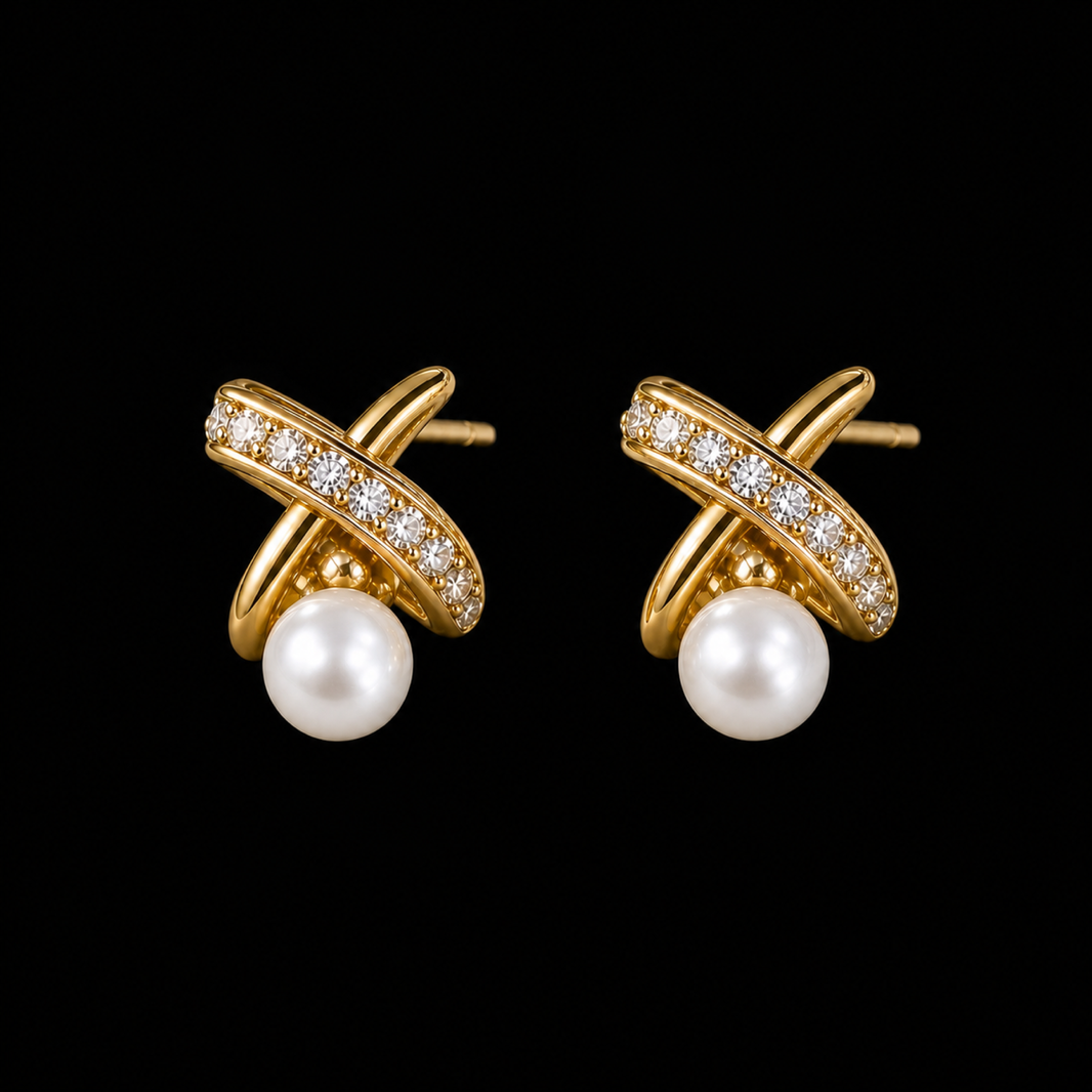 Ophelia Knot white freshwater pearl earrings on matte black background
