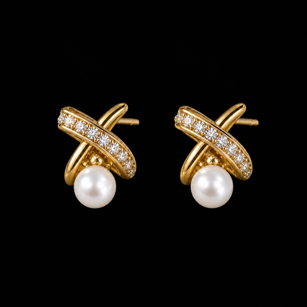 Ophelia Knot white freshwater pearl earrings on matte black background