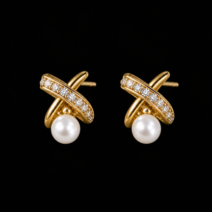 Ophelia Knot white freshwater pearl earrings on matte black background
