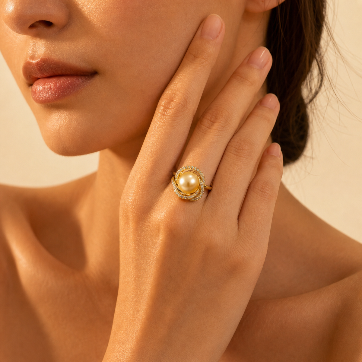 VARI Orbita Golden South Sea Pearl Interlaced Halo Ring styled lifestyle wearing view