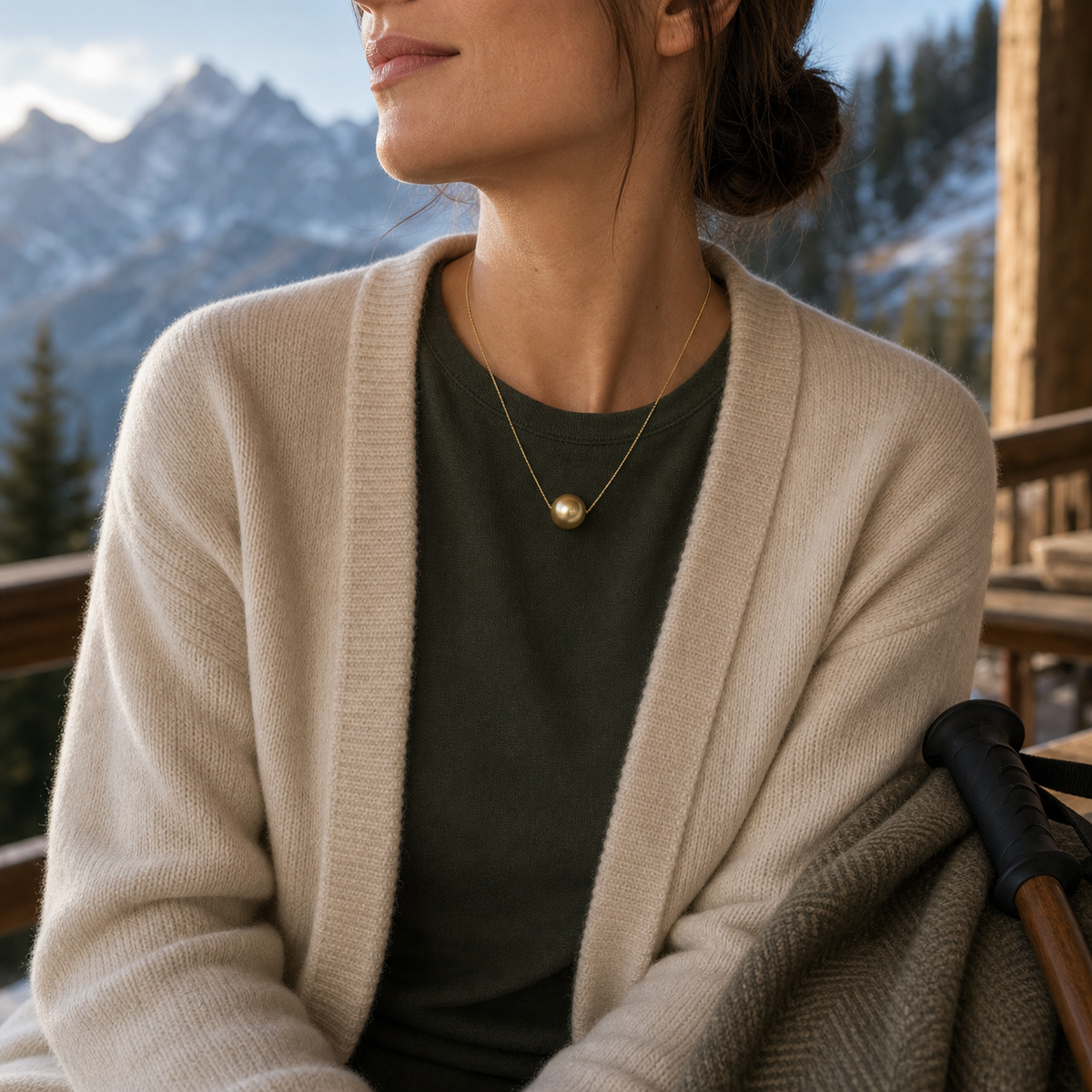VARI Pass-Through Freshwater Pearl Pendant worn at an alpine lodge terrace