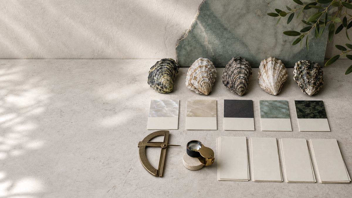 VARI pearl discovery consultation with oyster shells and blank selection cards