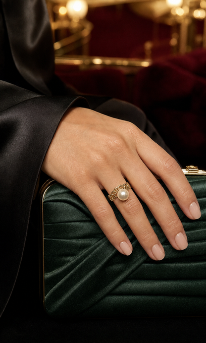Regalia Freshwater Pearl Filigree Ring worn in a lifestyle setting
