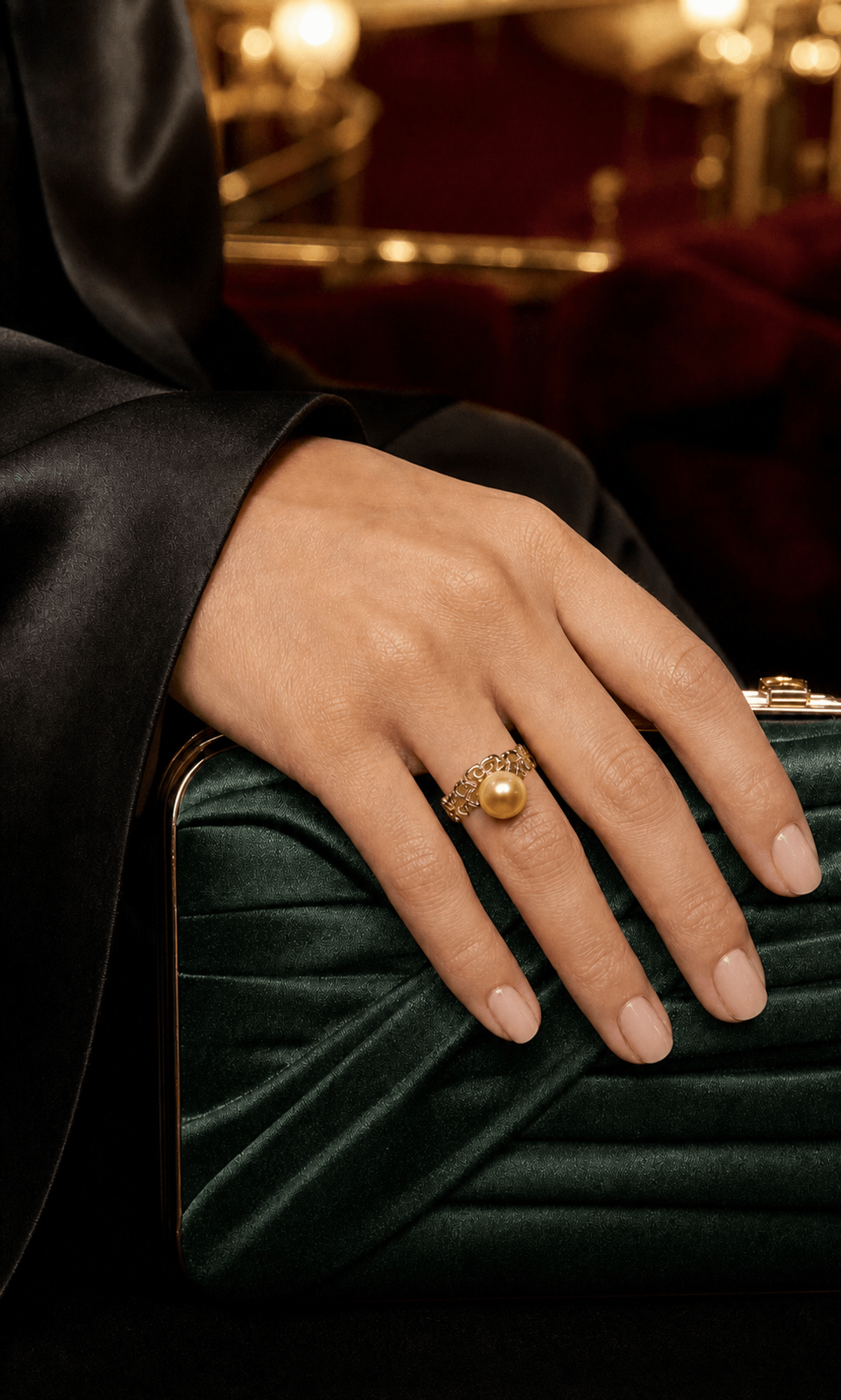 Regalia Golden South Sea Pearl Filigree Ring worn in a lifestyle setting