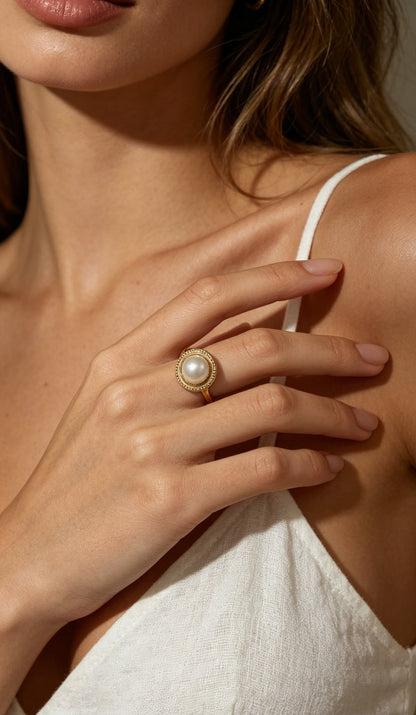 Aureole white pearl ring worn