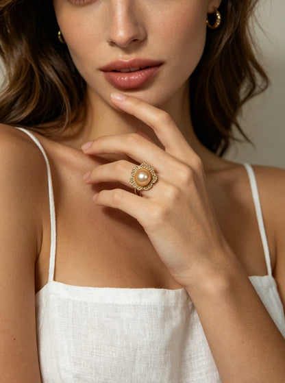 Solara golden pearl halo ring worn