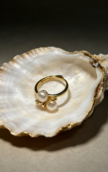Duet twin white freshwater pearl bow ring