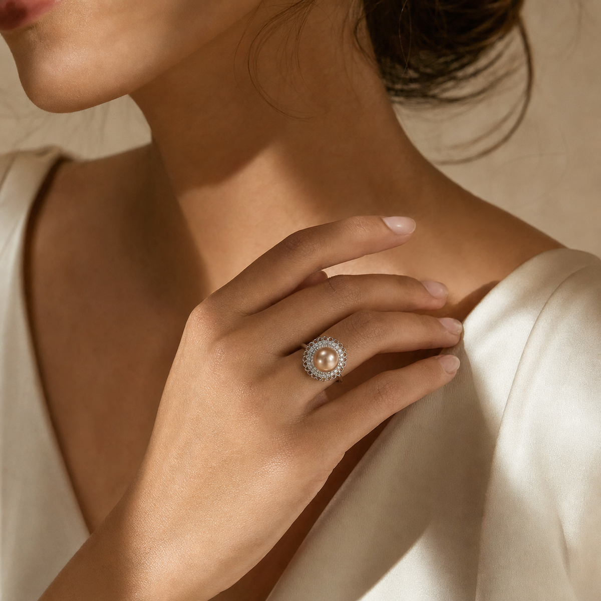 VARI Rosaline Golden South Sea Pearl Lace Halo Ring styled lifestyle wearing view