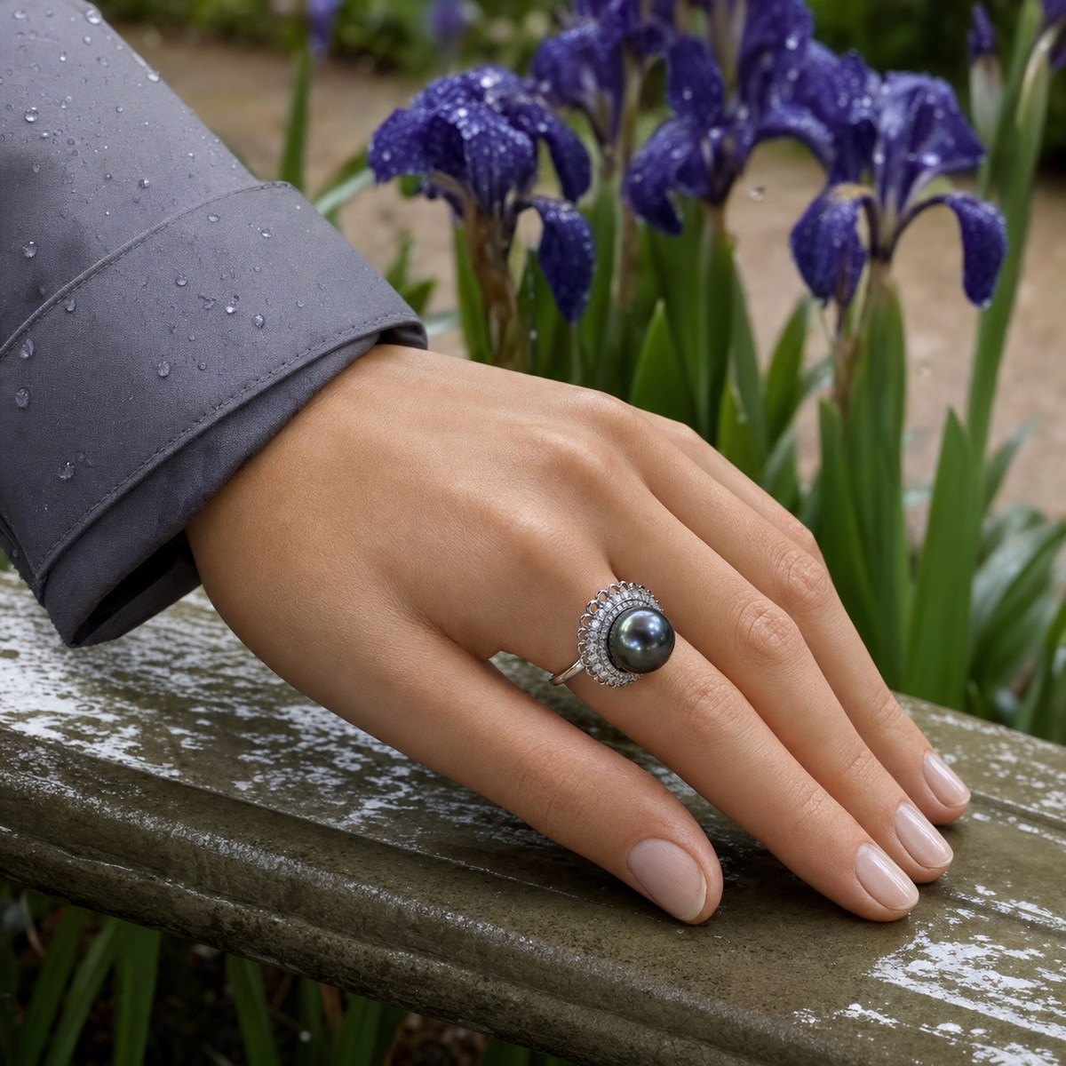 VARI Rosaline Tahitian South Sea Pearl Lace Halo Ring styled lifestyle wearing view