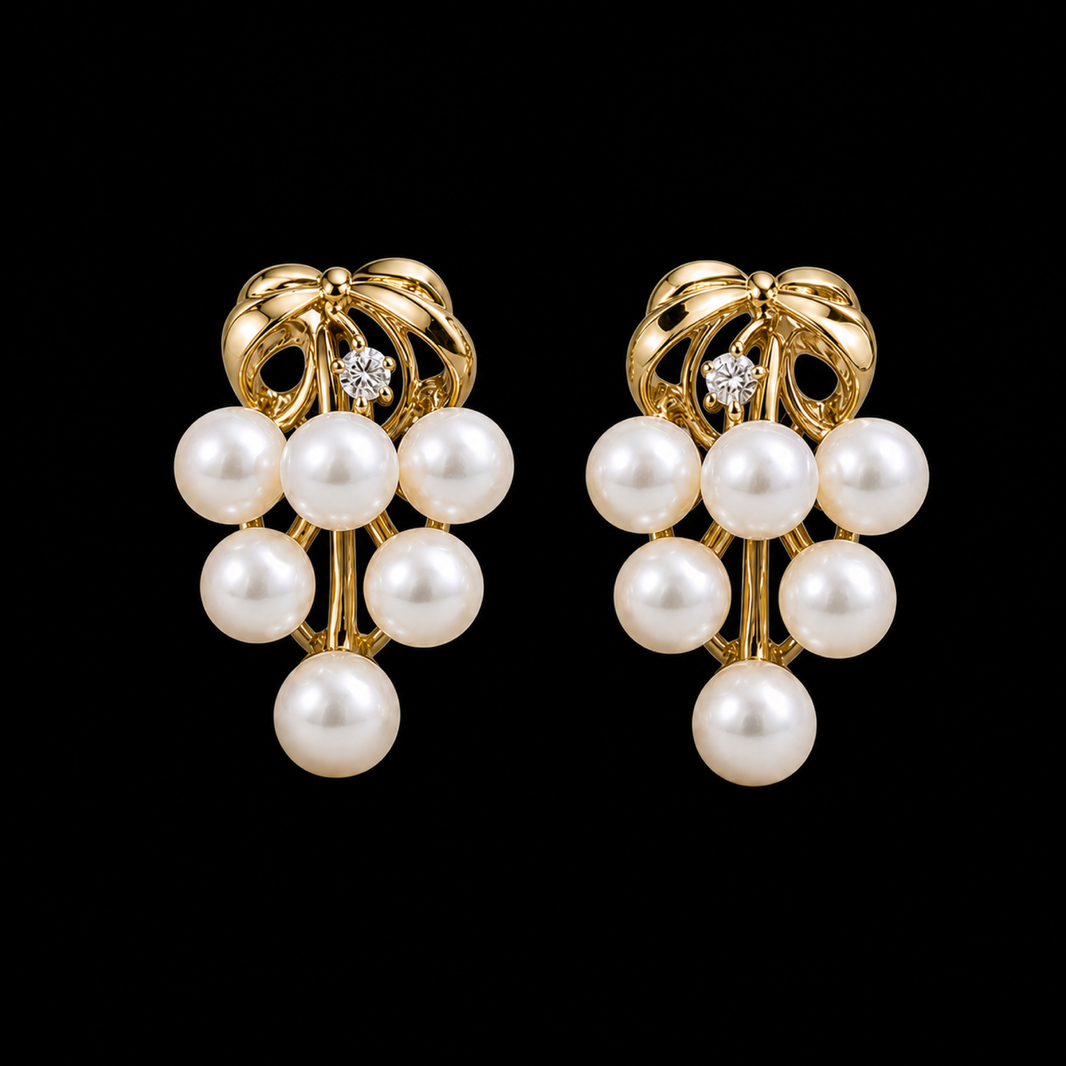 Roselle Cluster white freshwater pearl earrings on matte black background