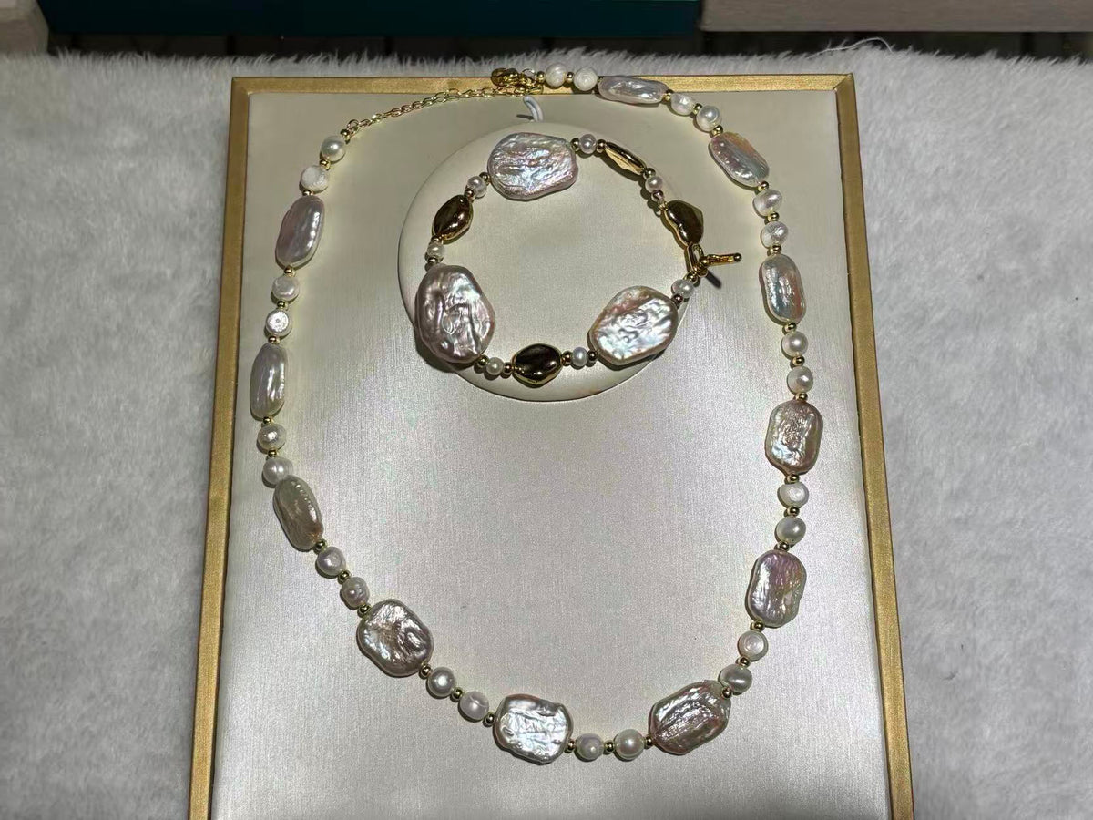 Mosaic baroque freshwater pearl necklace and bracelet set