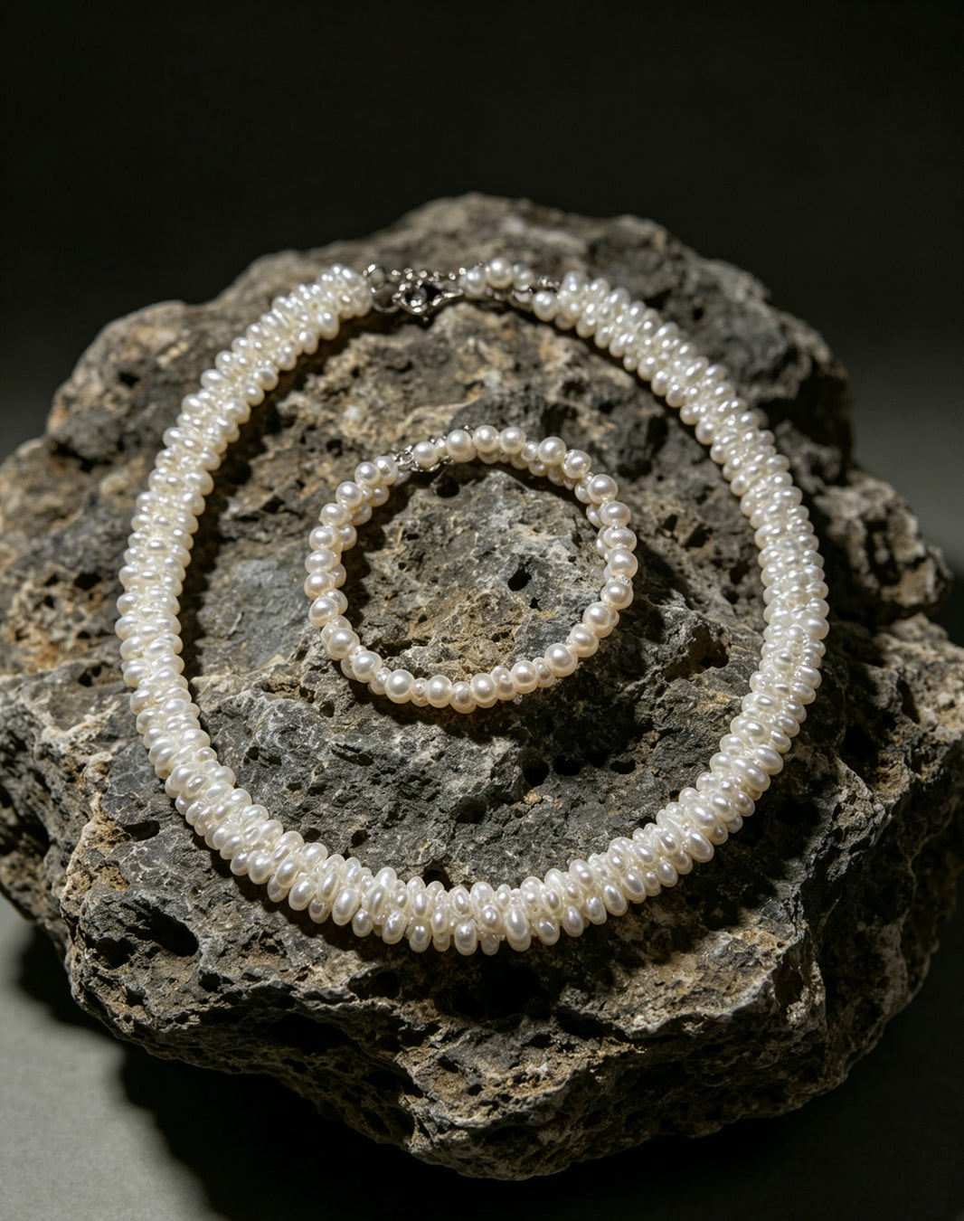 Lumiere white rice freshwater pearl necklace and bracelet set