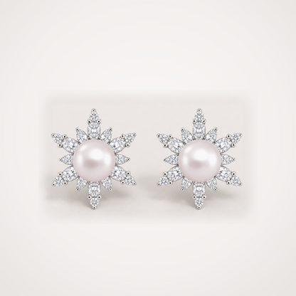 Snowflake 10-11mm rose Japanese Akoya pearl cubic zirconia stud earrings