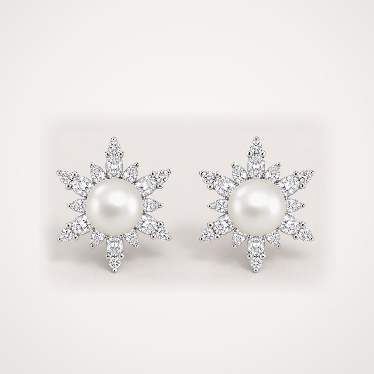 Snowflake 11-12mm ivory Japanese Akoya pearl cubic zirconia stud earrings