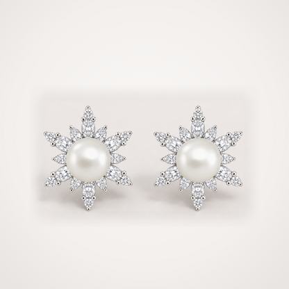 Snowflake 11-12mm ivory Japanese Akoya pearl cubic zirconia stud earrings