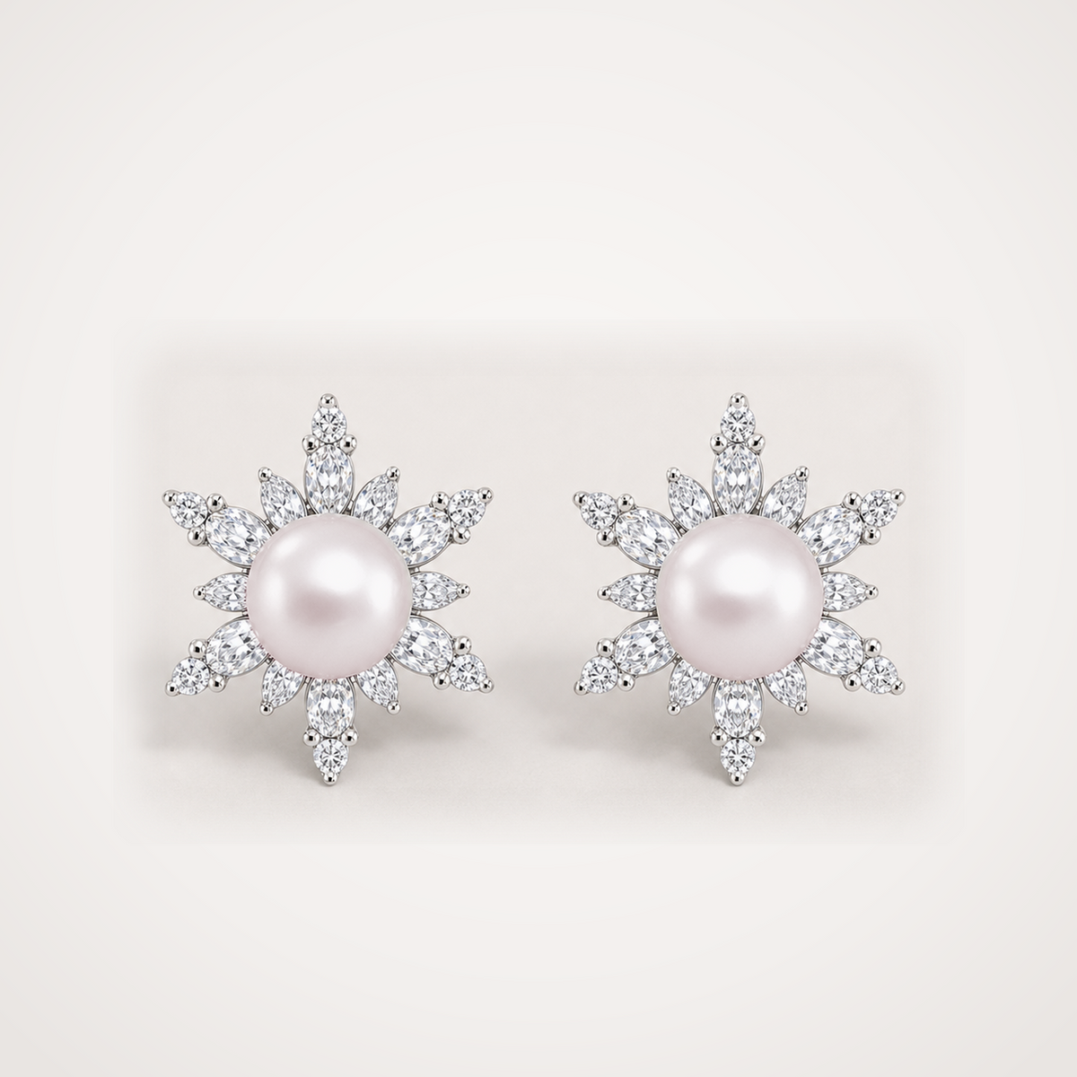 Snowflake 11-12mm rose Japanese Akoya pearl cubic zirconia stud earrings