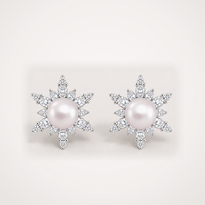 Snowflake 11-12mm rose Japanese Akoya pearl cubic zirconia stud earrings