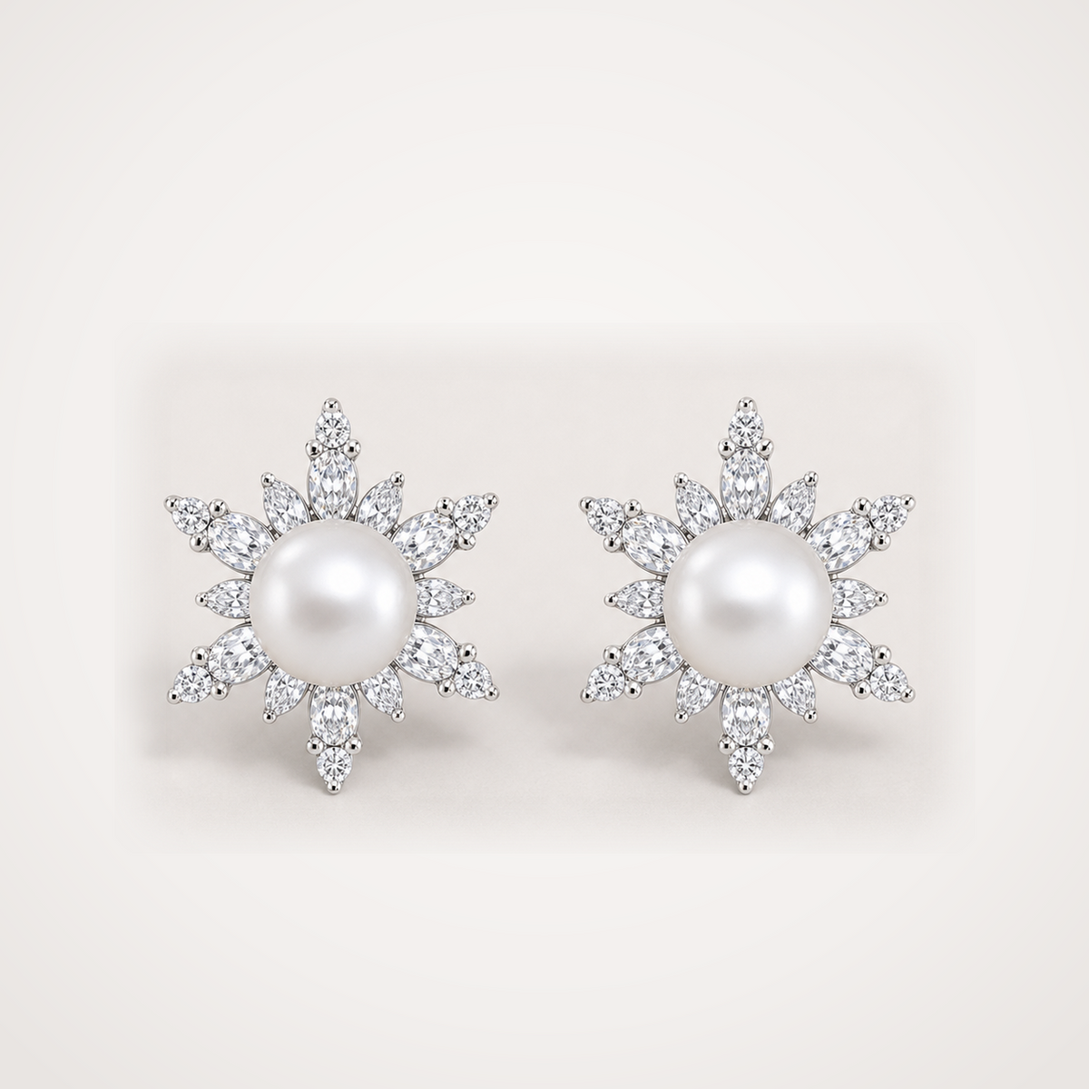 Snowflake 11-12mm white Japanese Akoya pearl cubic zirconia stud earrings