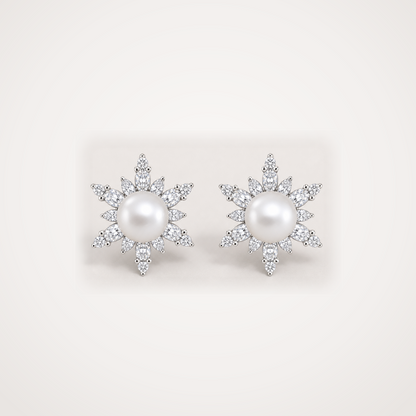 Snowflake 8-9mm white Japanese Akoya pearl cubic zirconia stud earrings