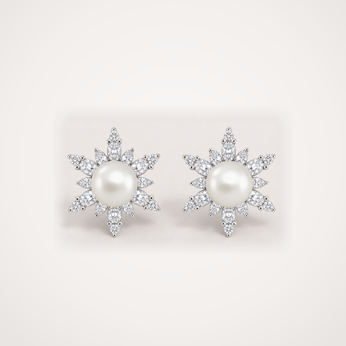 Snowflake 9-10mm ivory Japanese Akoya pearl cubic zirconia stud earrings