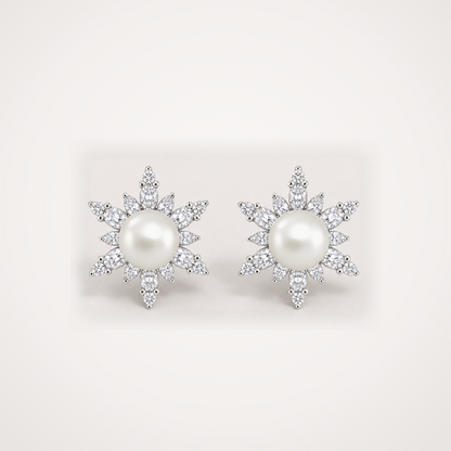 Snowflake 9-10mm ivory Japanese Akoya pearl cubic zirconia stud earrings