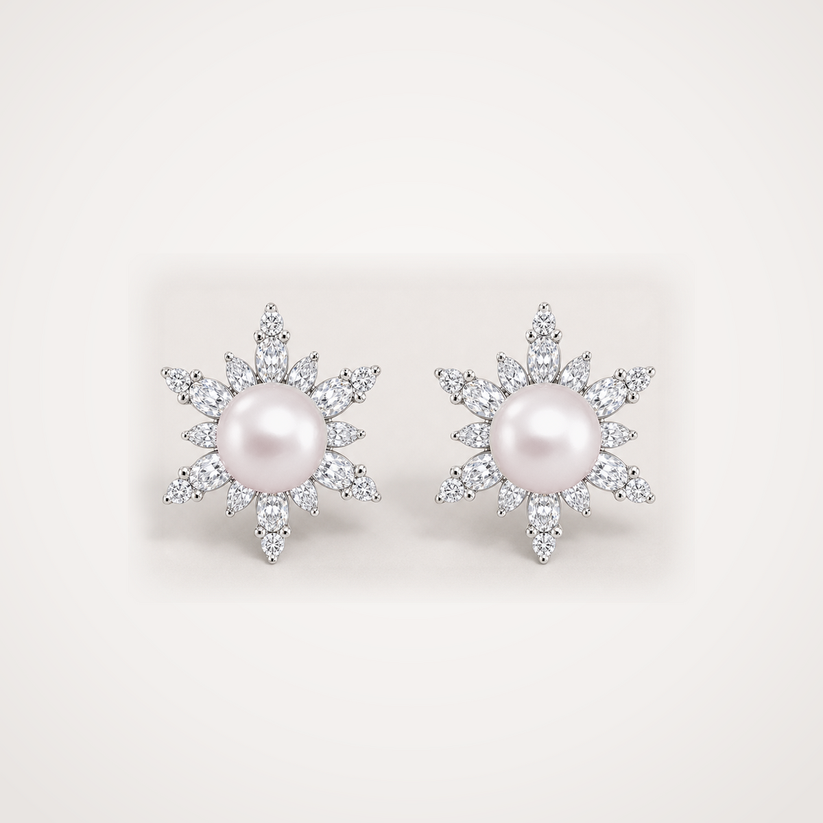 Snowflake 9-10mm rose Japanese Akoya pearl cubic zirconia stud earrings