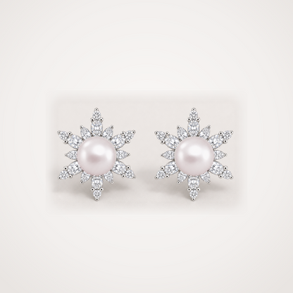 Snowflake 9-10mm rose Japanese Akoya pearl cubic zirconia stud earrings