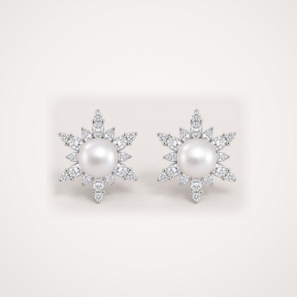 Snowflake 9-10mm white Japanese Akoya pearl cubic zirconia stud earrings