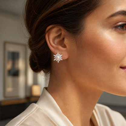 Model wearing Snowflake white Japanese Akoya pearl cubic zirconia stud earrings