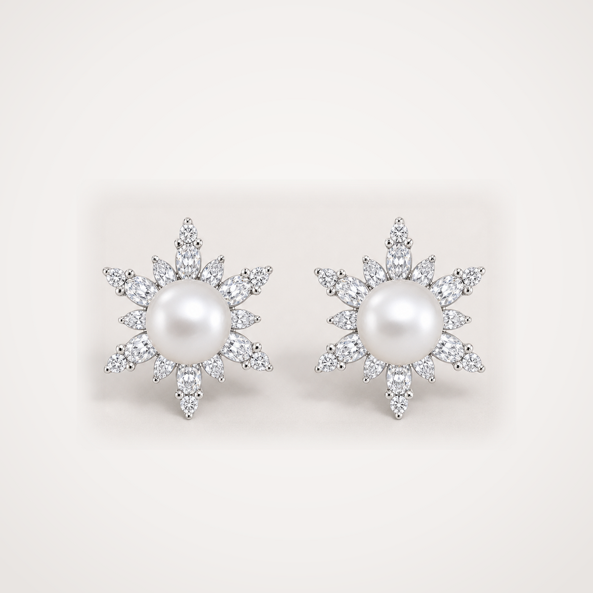 Snowflake 10-11mm white freshwater pearl cubic zirconia stud earrings