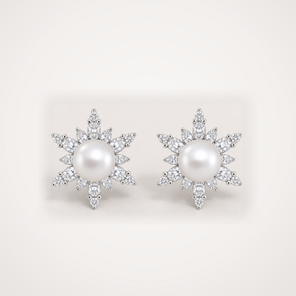 Snowflake 10-11mm white freshwater pearl cubic zirconia stud earrings