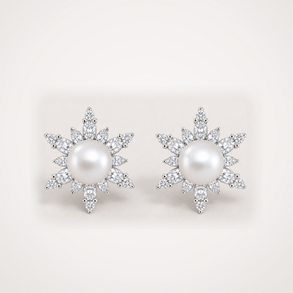 Snowflake 11-12mm white freshwater pearl cubic zirconia stud earrings