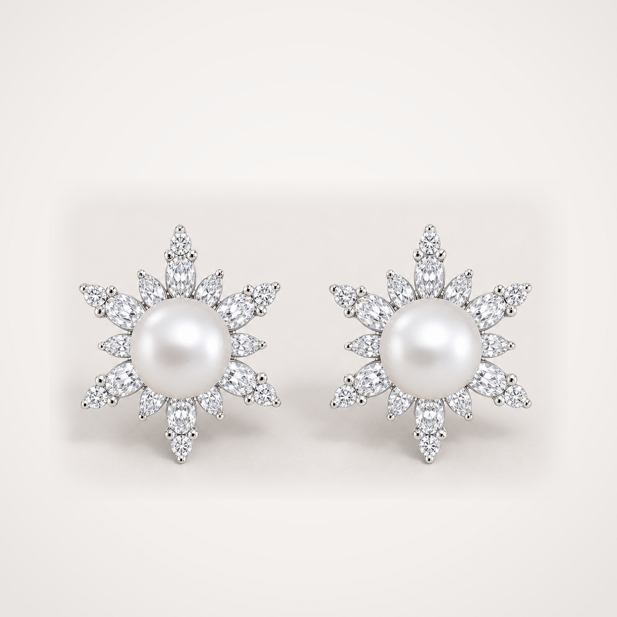 Snowflake 12-13mm white freshwater pearl cubic zirconia stud earrings