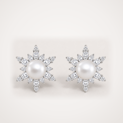 Snowflake 12-13mm white freshwater pearl cubic zirconia stud earrings