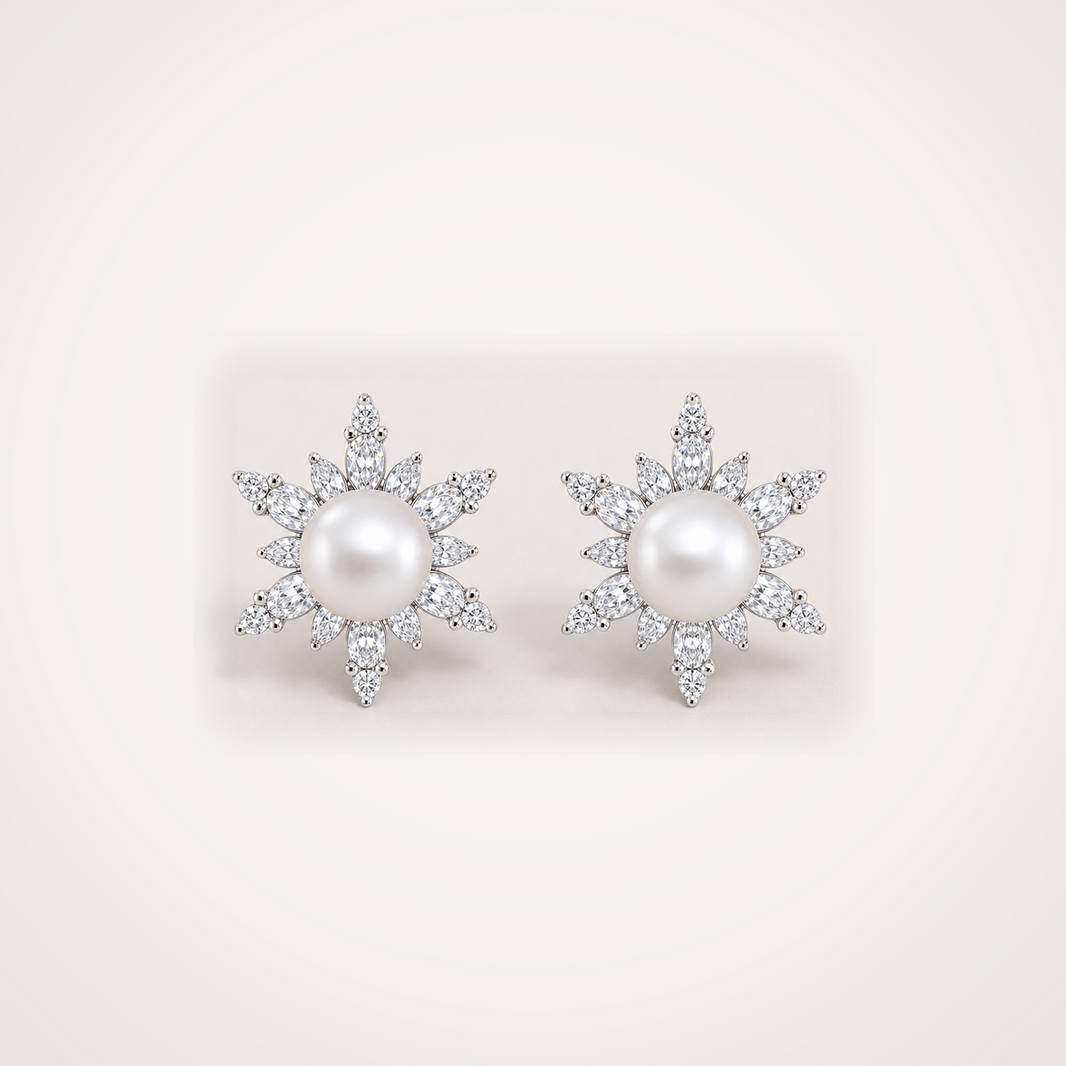 Snowflake 8-9mm white freshwater pearl cubic zirconia stud earrings