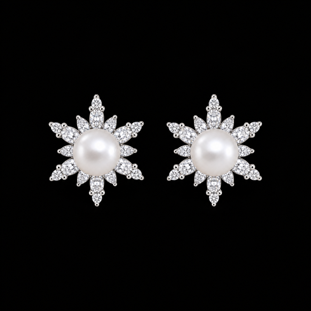 Snowflake white Freshwater pearl stud earrings with cubic zirconia on a matte black background