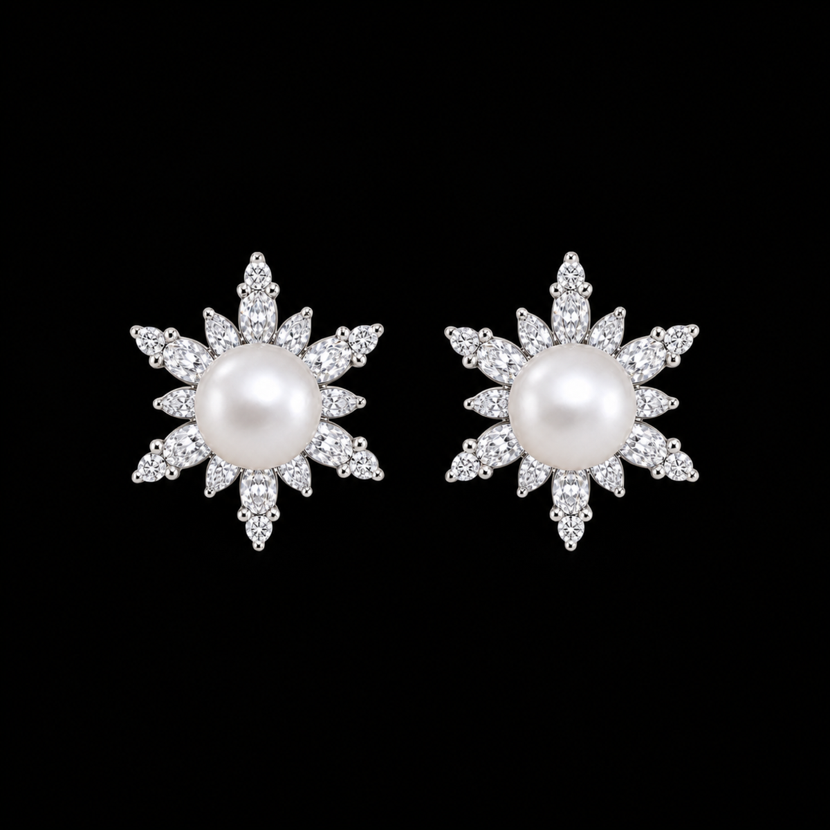 Snowflake white Freshwater pearl stud earrings with cubic zirconia on a matte black background