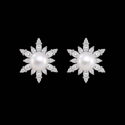 Snowflake white Freshwater pearl stud earrings with cubic zirconia on a matte black background