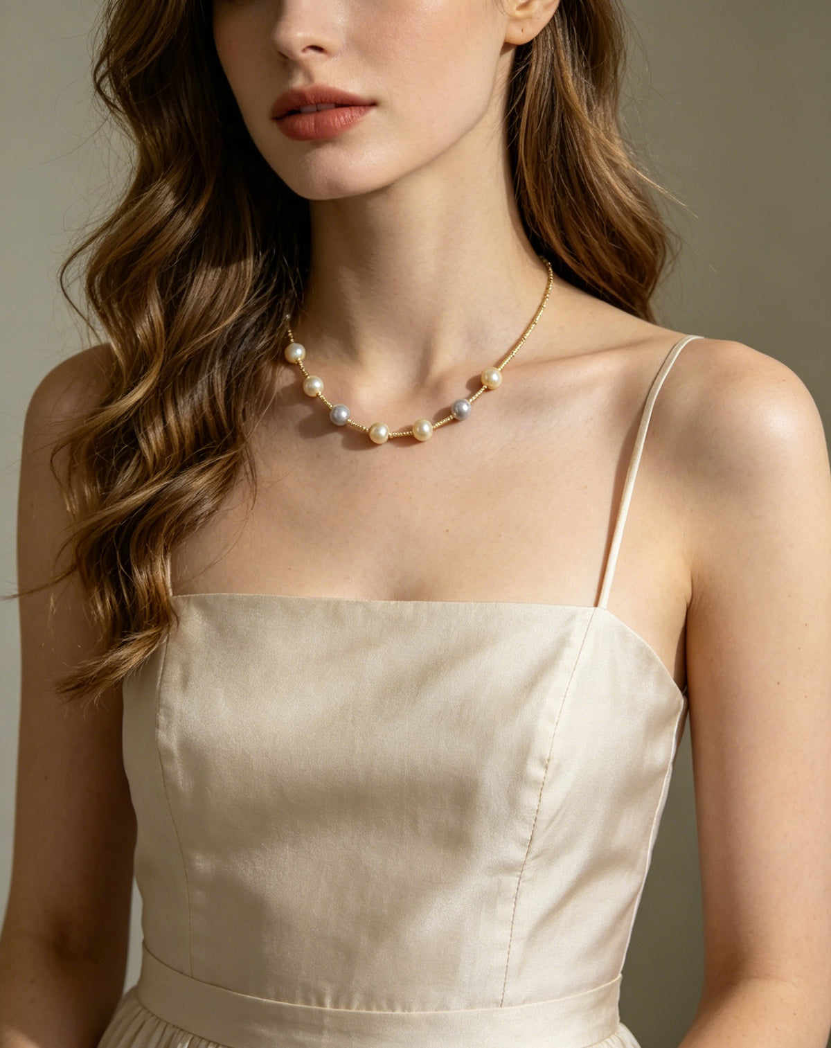 Model wearing VARI Sola multicolor freshwater pearl necklace
