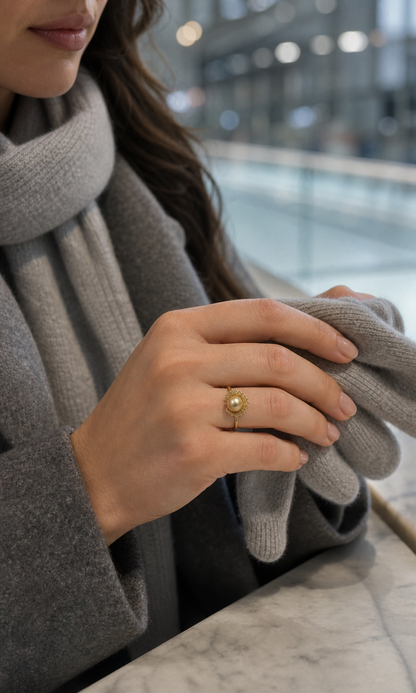 Solara Freshwater Pearl Lace Halo Ring worn in a lifestyle setting