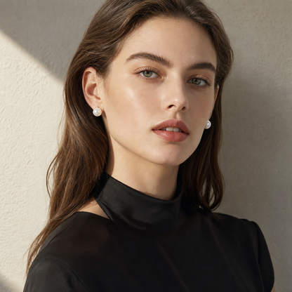 VARI Solitaire Japanese Akoya Pearl Stud Earrings styled lifestyle wearing view